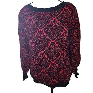 New‎ York & Company Red Black Jacquard Puff Sleeve Sweater Women's L